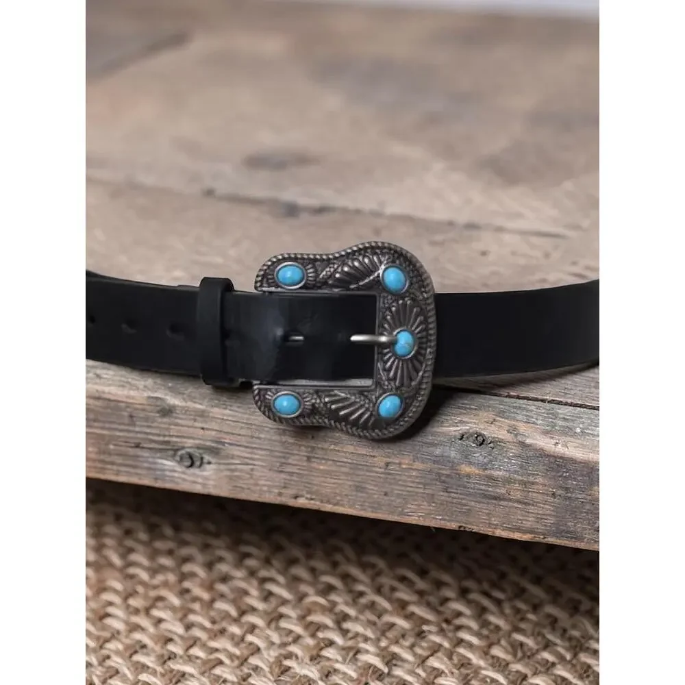 Jessica Simpson Black With Turquoise Stones Boho Cowgirl Vegan Leater Belt XL